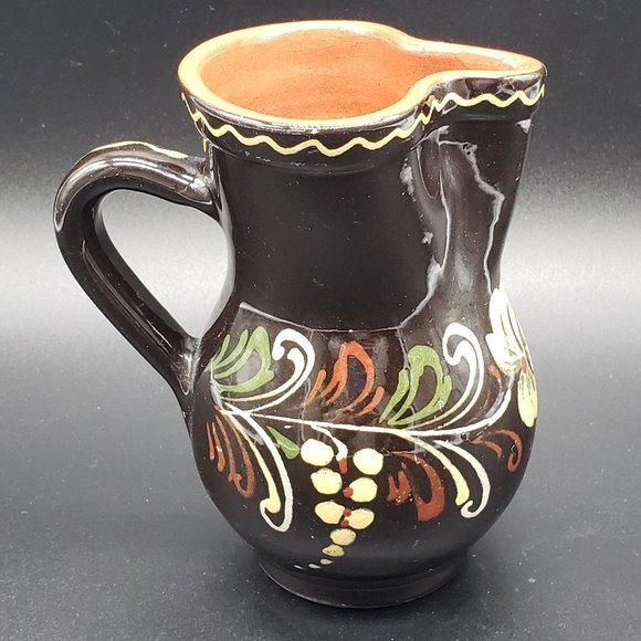 HUNGARIAN Redware Hand Painted Brown Floral Beige Green Glazed Handled Pitcher - Picture 10 of 11